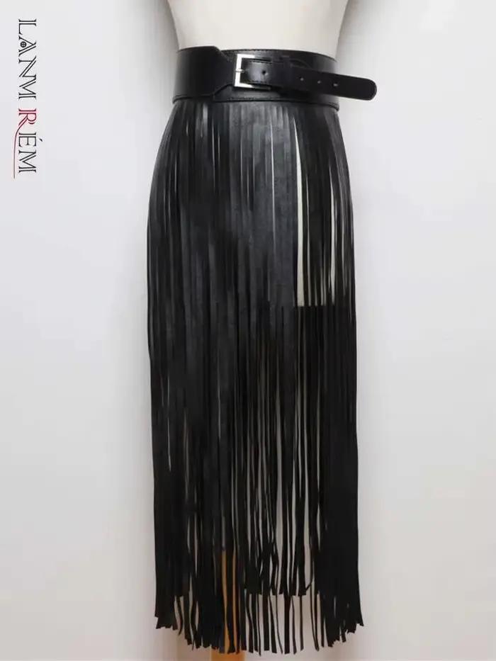 LANMREM bases jupe en cuir PU femmes ceinture couleur noire haute rue décoration pleine glands jupes femme nouvelle mode 2DC1326
