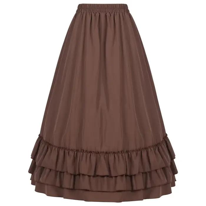 Jupe victorienne longue taille haute à volants marron
