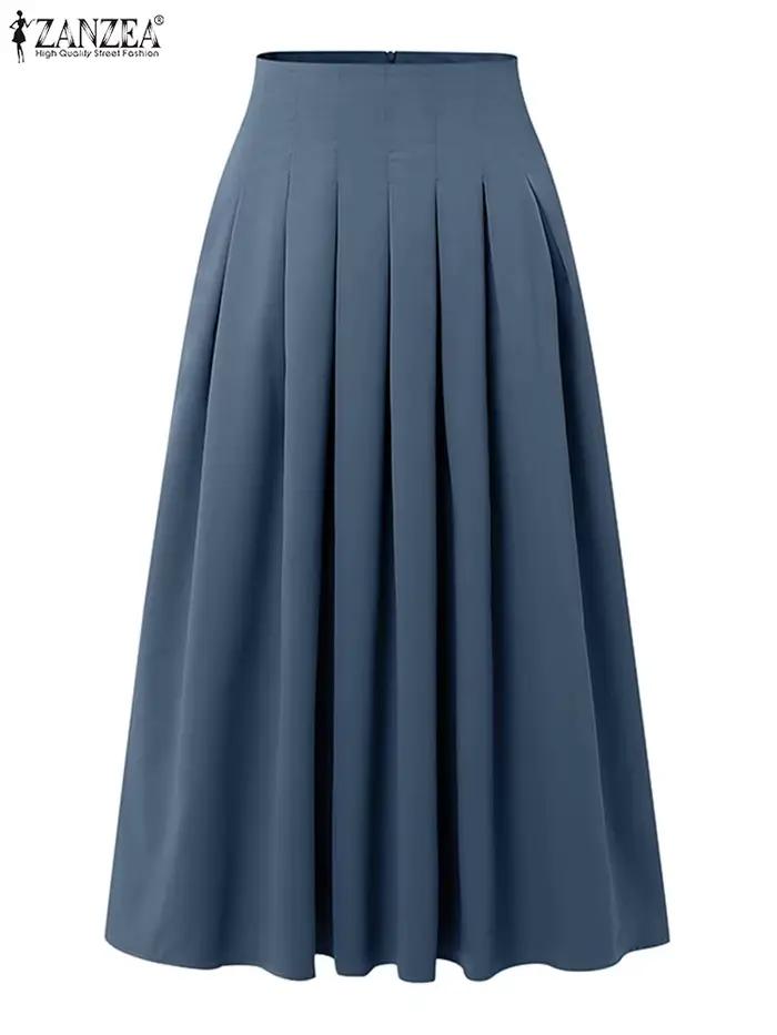 Mode femmes jupes longues ZANZEA été solide Jupe plissée Eelgant une ligne fête travail robes taille haute Faldas Saia