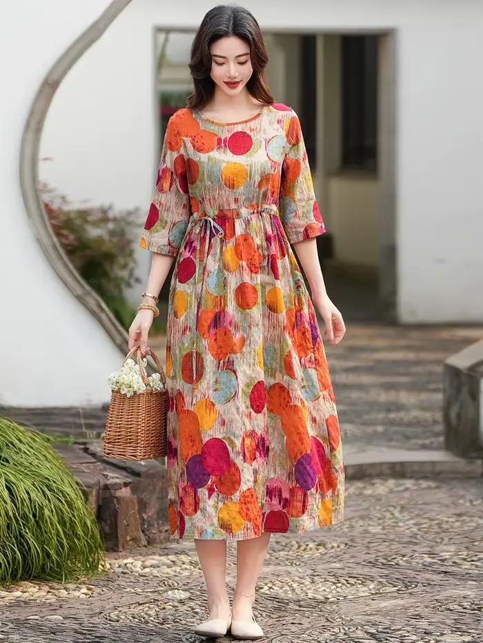 Robe longue en coton à manches mi-longues pour femmes, imprimé floral, lin, vintage, mode, vacances, style voyage, plage, robes décontractées, été