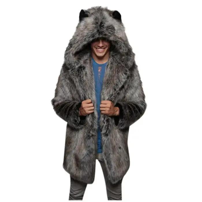 Manteau en fausse fourrure pour hommes, manches longues, capuche, épais et chaud, Cardigan moelleux en peluche, Parka décontractée, vêtements de neige, manteau en fourrure d'hiver