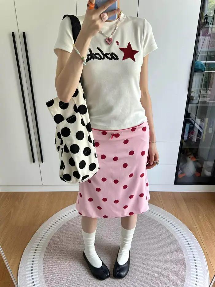 Jupe mi-longue tube droite à pois rose style rétro américain pour femme été 2026 coupe régulière polyester légèrement extensible style junior occassions spéciales