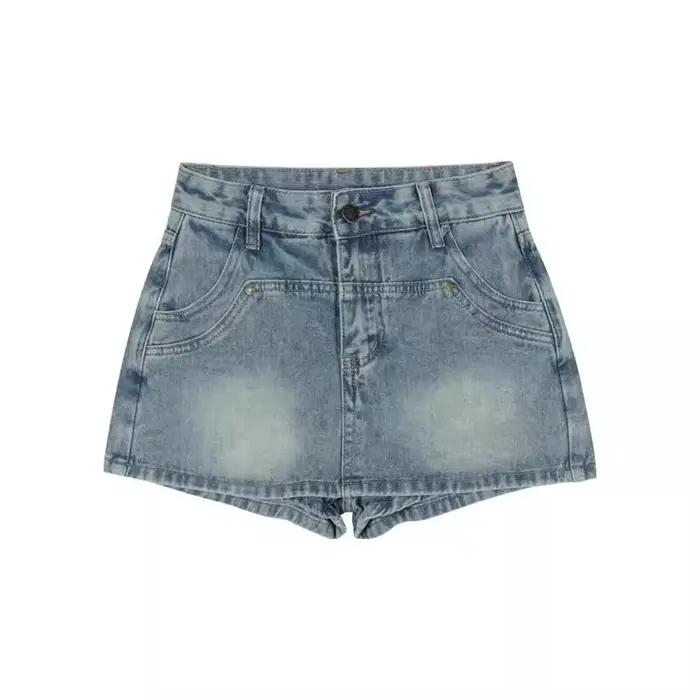 Jupe en jean taille haute délavée vintage américaine pour femmes