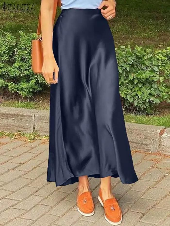 ZANZEA mode Satin soie jupes femmes été longue taille haute Jupe décontracté solide fête Faldas Saia femme Vintage