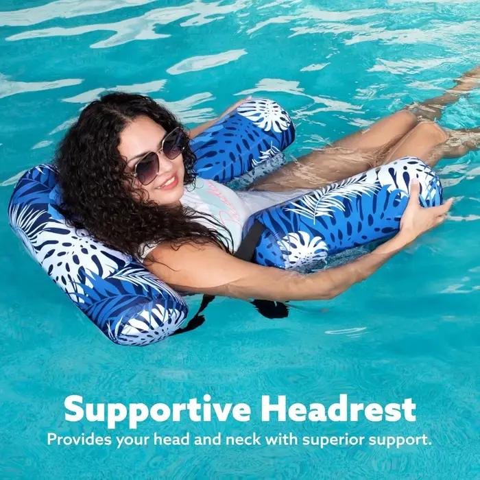 Chaise longue gonflable à imprimé végétal avec porte-gobelet, siège pliable et portable pour la plage, le lac, la piscine, utilisation en extérieur