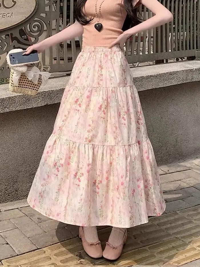 Zoki mignon jupes longues à fleurs femmes élégant taille haute rétro jupe douce japon décontracté ample tout Match