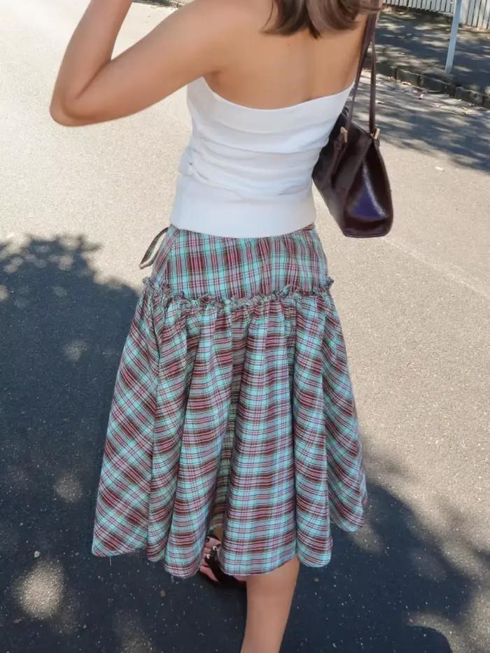 Jupe mi-longue à carreaux taille basse pour femmes