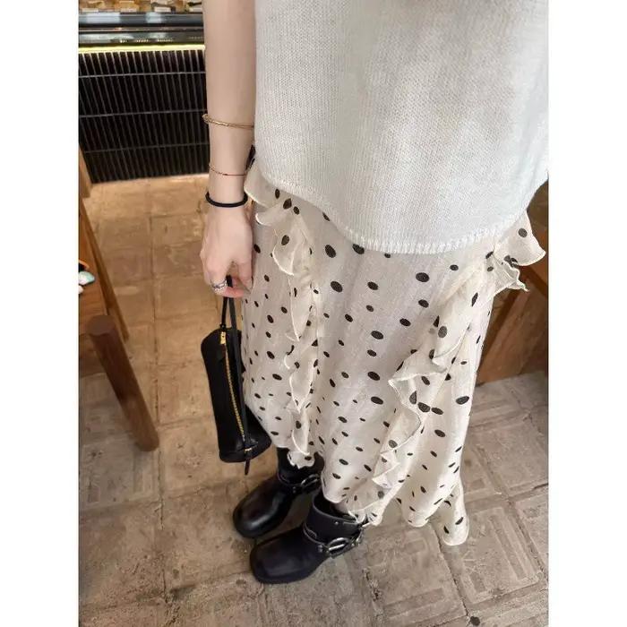 Jupe à pois coréenne printemps été 2026 polyestère mi-mollet plissée streetwear femme plage