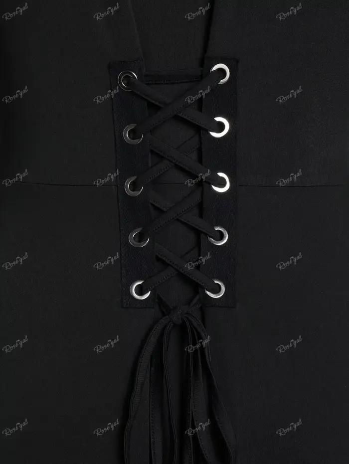 Tunique T-shirt Gothique Grande Taille pour Femme, Manches Longues, Bicolore, à Lacets au Dos, Froncée, avec Oeillets et Boucles, Ourlet Asymétrique