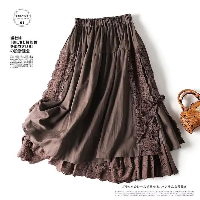 Vintage Chic broderie lin coton jupes longues femmes été élastique taille haute plissée Maxi jupe femme élégante a-ligne