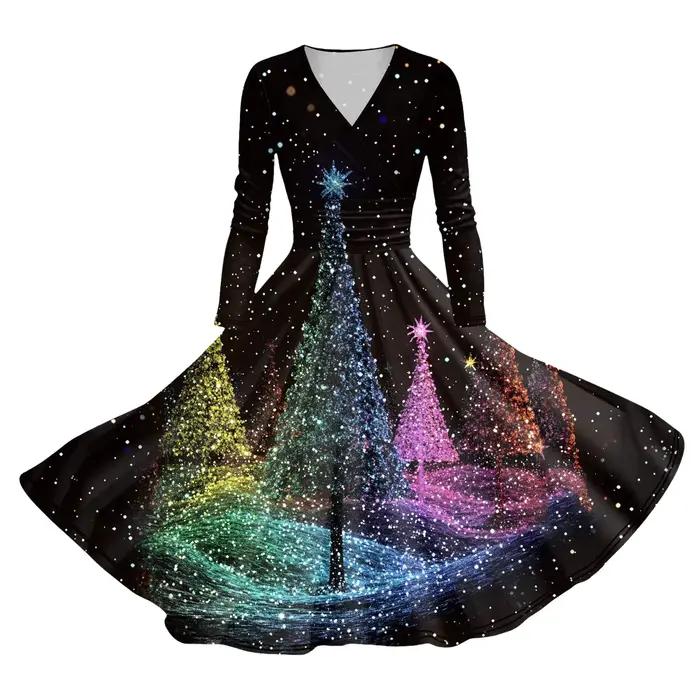 Robes de cocktail rouges pour femmes, manches longues, robe pin-up, mince, imprimé bonhomme de neige, balançoire, Noël, nouvel an, mode
