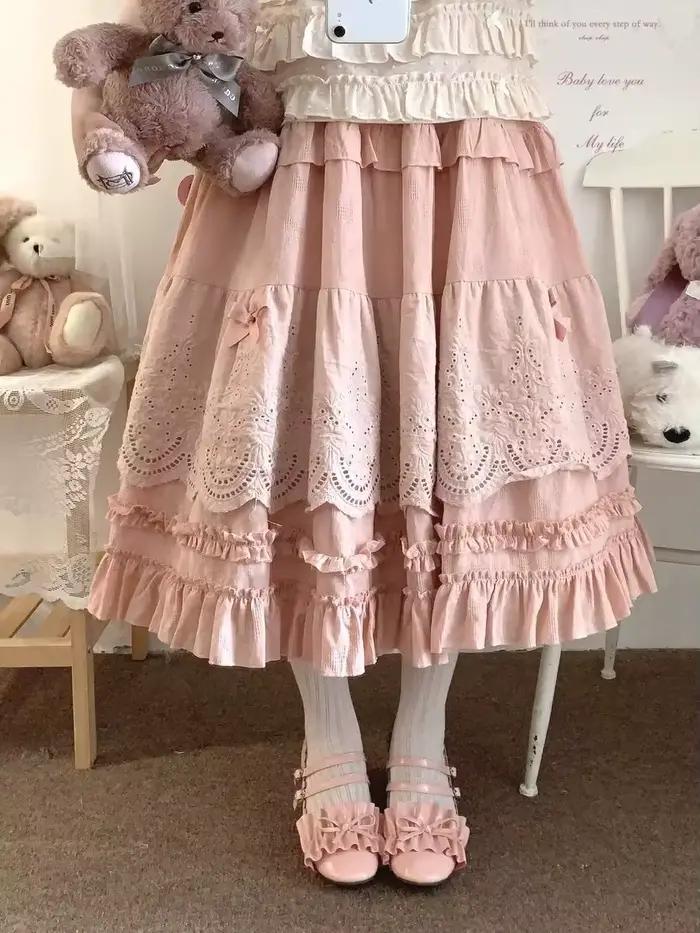 Jupe mi-longue en dentelle brodée Lolita Vintage kawaii écolière prairie rose Y2k occassions spéciales ```