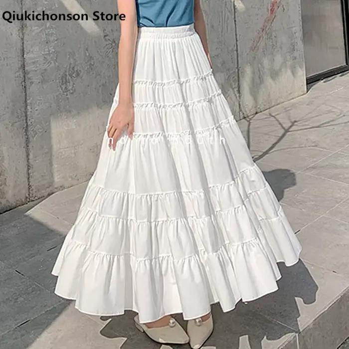 Jupe mi-longue Qiukichonson en mousseline de soie, décontractée et mignonne, idéale pour l'été, printemps et automne, blanche ou noire, avec volants et froufrous, pour femmes, occasions spéciales et quotidienne