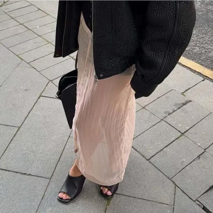 Jupe midi transparente rose en mélange de coton pour femme