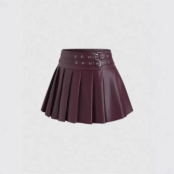 Nouvelle jupe plissée trapèze taille haute en similicuir noir pour femme 2026