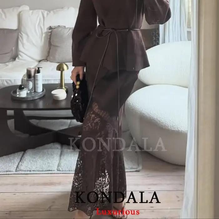 KONDALA Vintage Chic chocolat marron Satin jupes avant fendu dentelle Midi