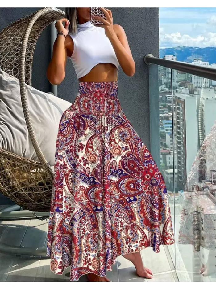 Jupe taille haute élastique bohème pour femmes
