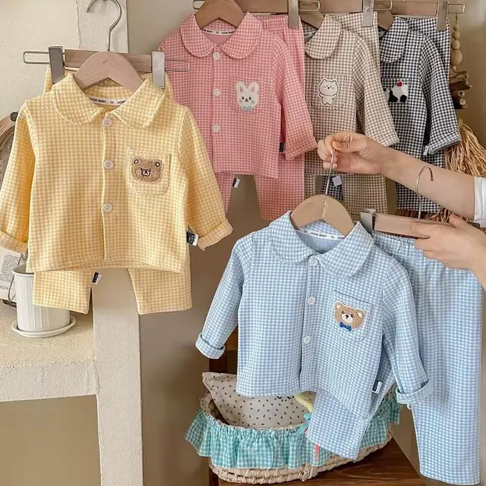 Ensemble pyjama à manches longues pour enfants, vêtements de nuit classiques à carreaux pour garçons et filles, ponçage, haut et bas respirants, vêtements pour enfants