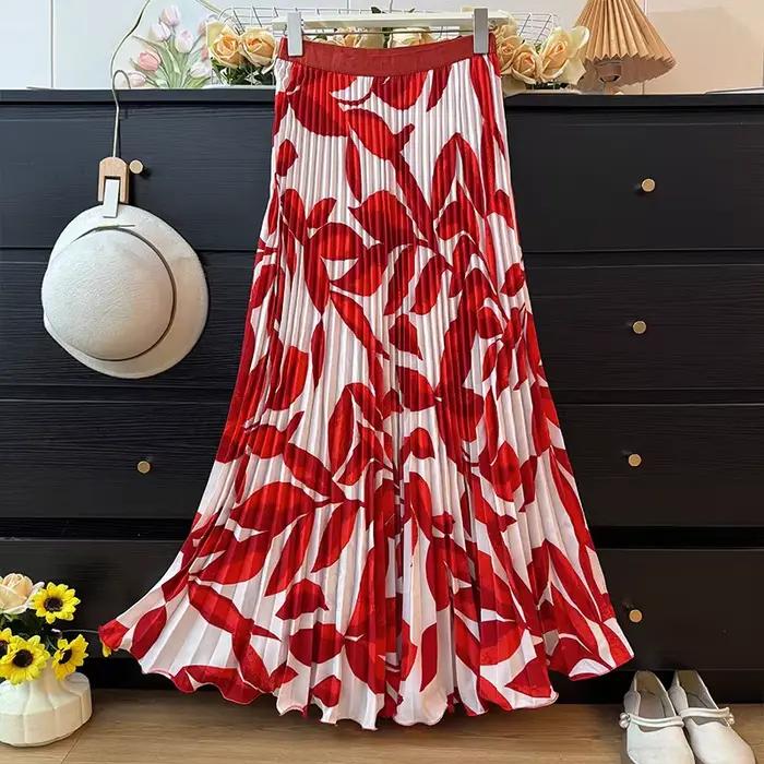 Jupe longue plissée taille haute à imprimé floral vintage pour femmes grandes tailles