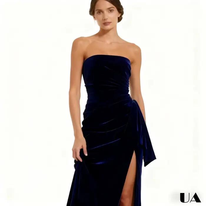 Robe de bal fourreau longue Simple sans bretelles, robe de soirée drapée unie de taille sur mesure, robe de soirée sans manches bleu foncé à fente haute