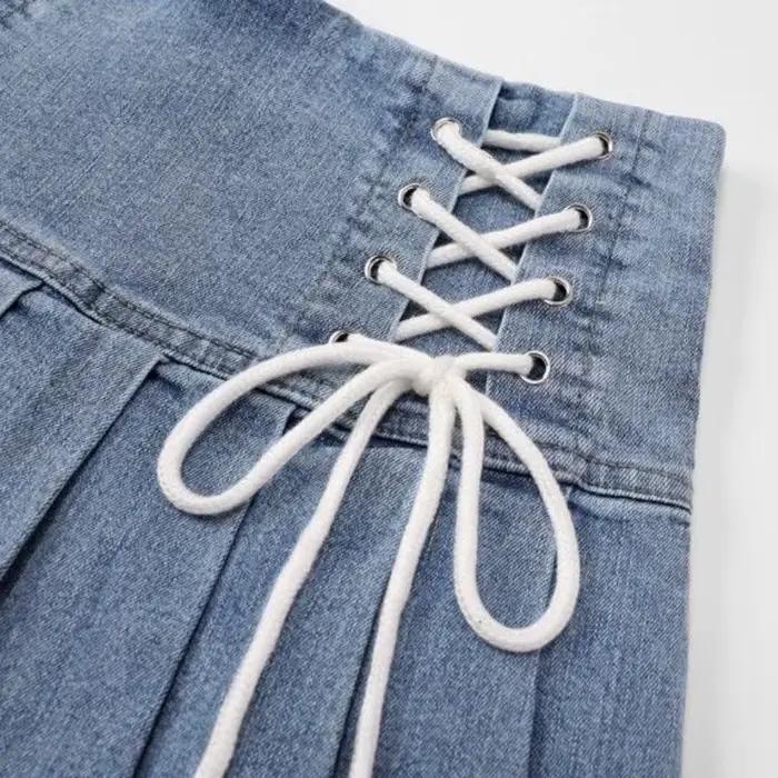 Denim jupes plissées femmes mignon à lacets Chic fille été Mini jupe Style coréen mode Sexy taille haute Streetwear collège