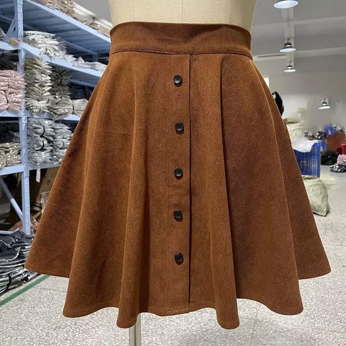 Jupe moelleuse femme élégante boutonnage polyester velours côtelé mini haut plissé automne hiver occassions spéciales