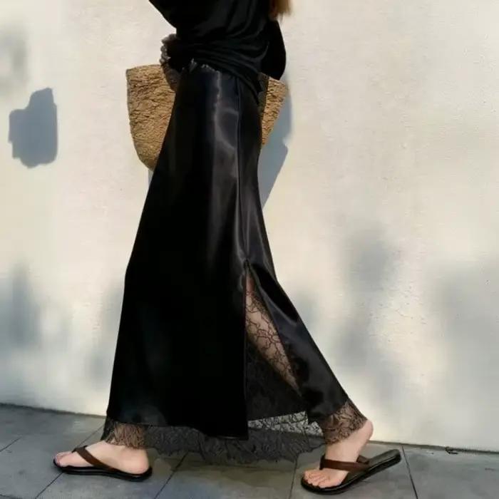 Jupe longue en satin d acétate à la mode avec empiècements en dentelle et fentes latérales pour femmes automne et occasions spéciales