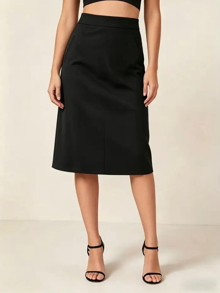 Jupe midi pour femme, taille haute, coupe droite, ligne A, avec poches, noire, décontractée, pour le printemps et l'été, tenue de bureau, élégante
