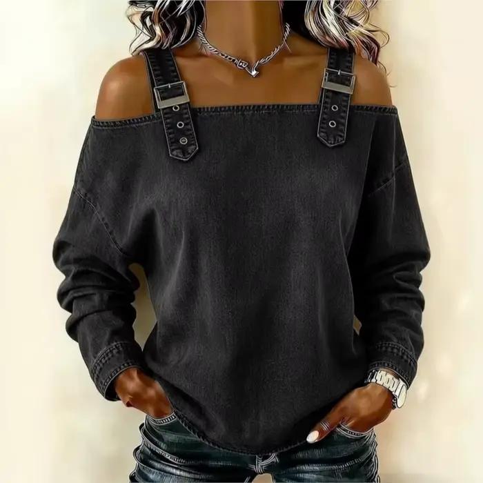 Haut en jean pour femme, élégant, à épaules dénudées, à manches longues avec bretelles, chemise en jean élégante et polyvalente, streetwear pour femme