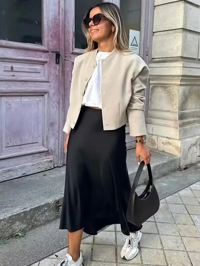 Jupe Taille Haute en Satin Polyestère Pour Femmes Occasions Professionnelles Et Décontractées