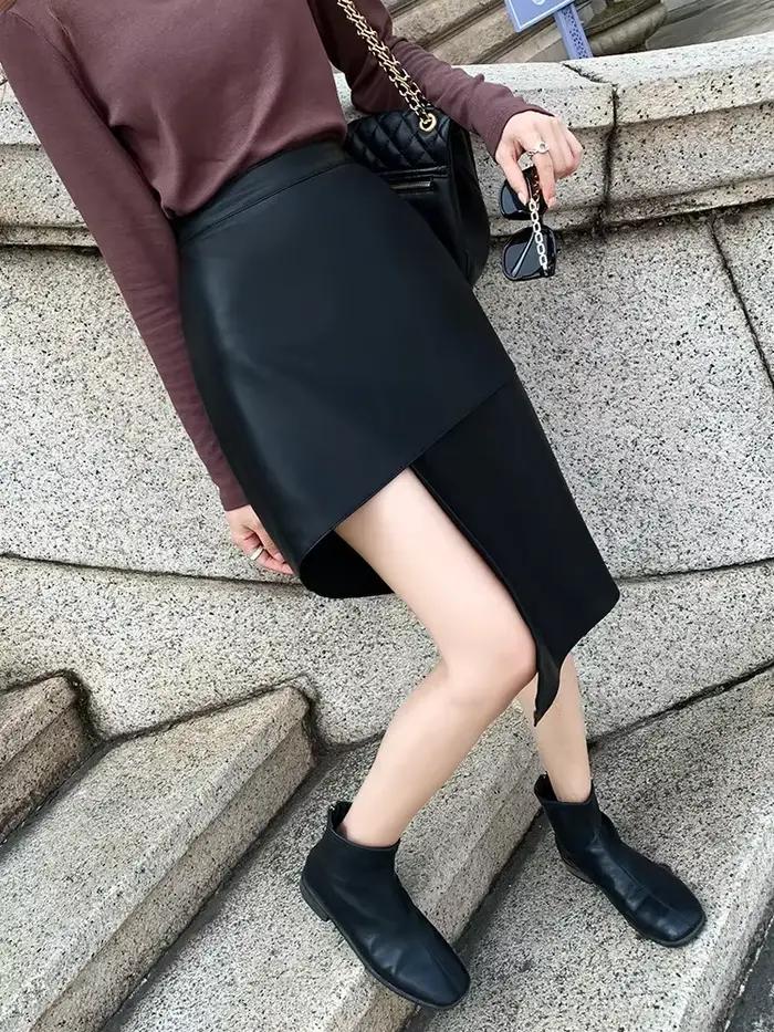 Jupe irrégulière taille haute en peau de mouton véritable pour femmes
