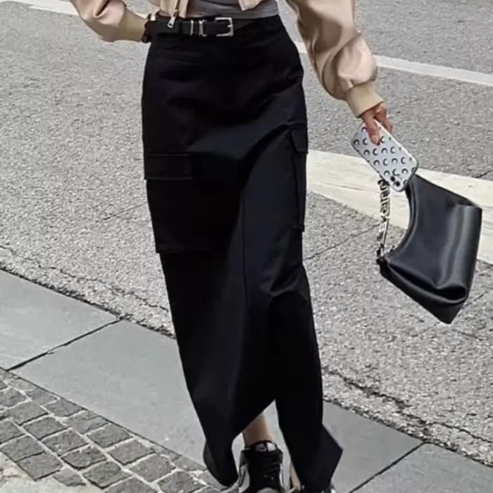 Jupe redingote noire femme 2025 printemps et été taille haute mince fendue