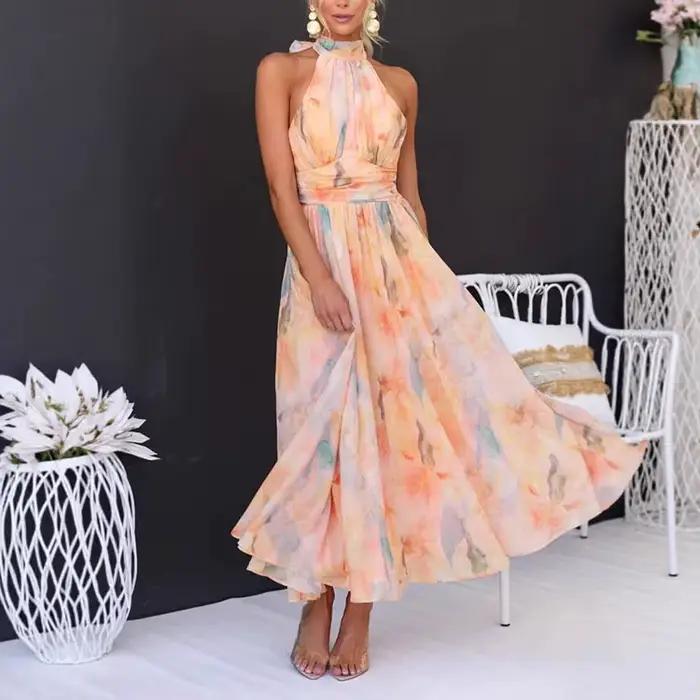 Robe longue femmes imprimer robes licou cou sans manches dos nu à lacets Maxi