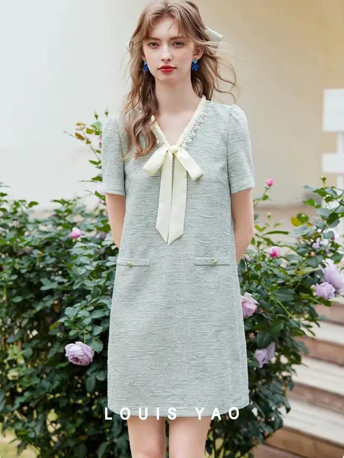 LOUIS YAO 2025 été nœud a-ligne jupe nouvelle élégante à lacets contraste épissage Non élastique robe pour femmes