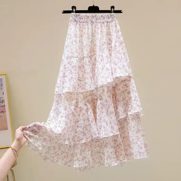 Jupe longue en mousseline de soie à volants pour femmes