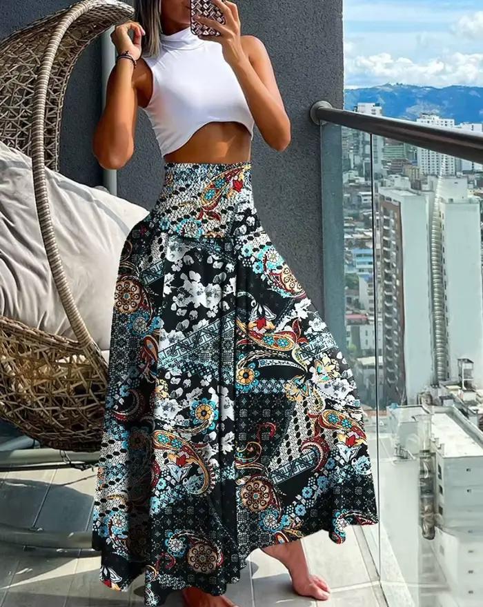 Jupe longue en polyester imprimé floral pour femmes, coupe régulière, élégante, confortable, idéale pour l'été, occasions spéciales, bureau, détente