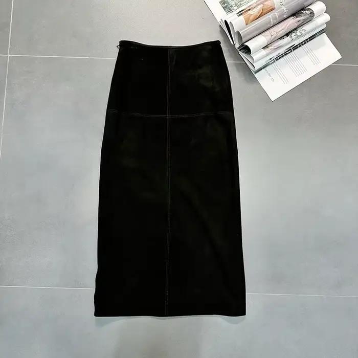 Femmes en cuir véritable Jupe taille haute café longue enveloppement hanche Style printemps automne décontracté dos