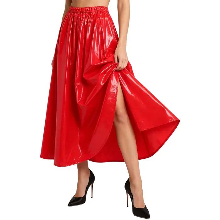 Jupe longue brillante imperméable pour femme à taille haute élastique