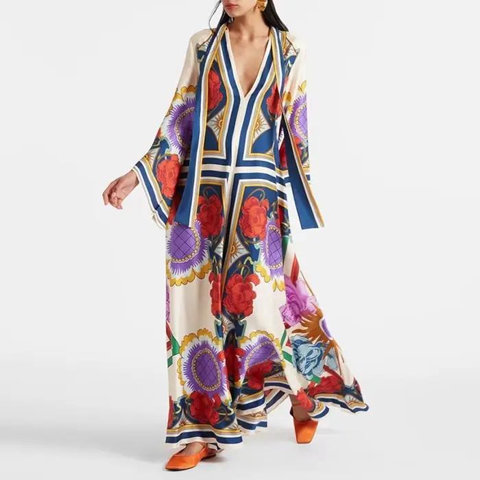 Robe longue ethnique rétro imprimée style Boho pour femmes, Sexy, col montant, à lacets, robe de soirée, manches longues, ample, Maxi, automne