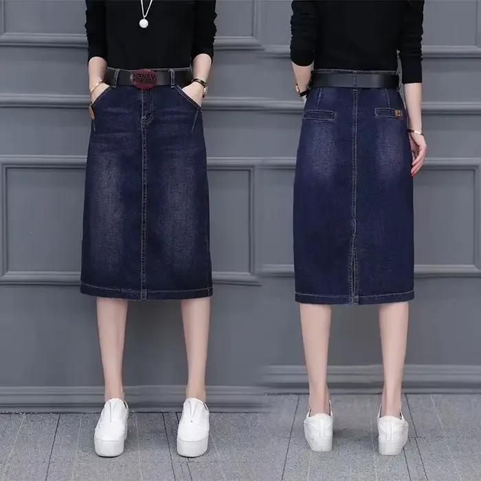 Cowboy jupe midi mi-longue 2025 nouveau printemps été Denim enveloppé hanche taille haute fendue a-ligne