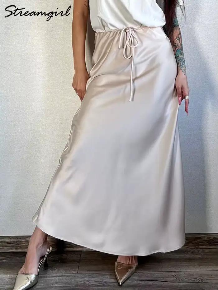 Champagne jupes longues pour femmes élégant 2025 luxe Satin jupe longue Beige une ligne cravate armée vert Maxi
