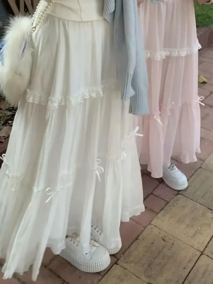 Jupes douces femmes nœud papillon dentelle Patchwork Stretch taille haute printemps 2025 mode élégante jupe longue femme décontracté