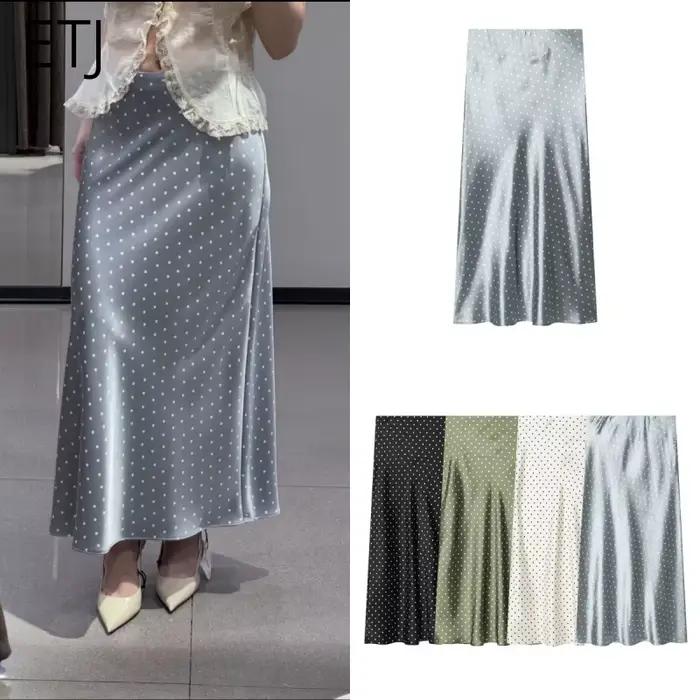Jupe longue mi-longue à pois taille haute en satin fluide pour femme ETJ