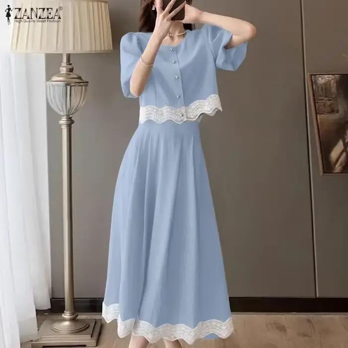 ZANZEA Ensemble de jupe et chemisier à manches bouffantes en dentelle vintage française