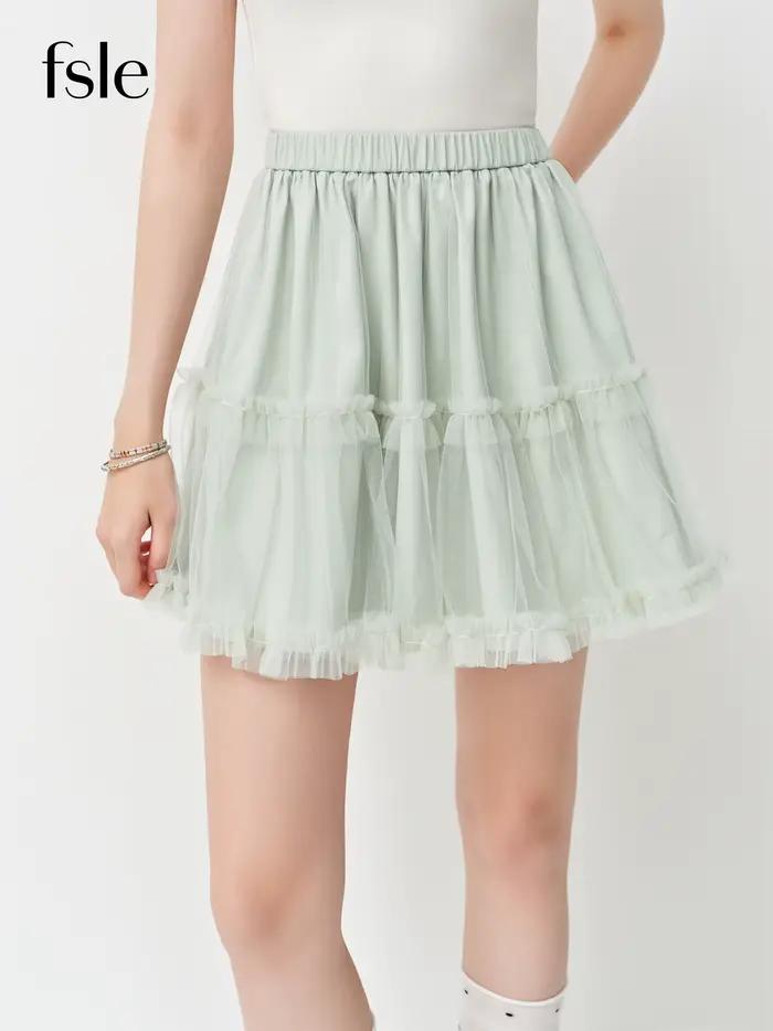 Jupe trapèze en tulle style français vert FSLE, nouvelle collection été 2026, double couche, plis à volants, silhouette élégante, sortie nocturne, décontractée, femmes, occassions spéciales