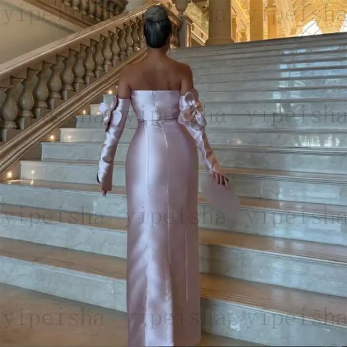 Robe de soirée sans bretelles personnalisée, moderne, avec des appliques florales 3D, longueur cheville, robe de bal droite, épaules dénudées, longue robe en Satin