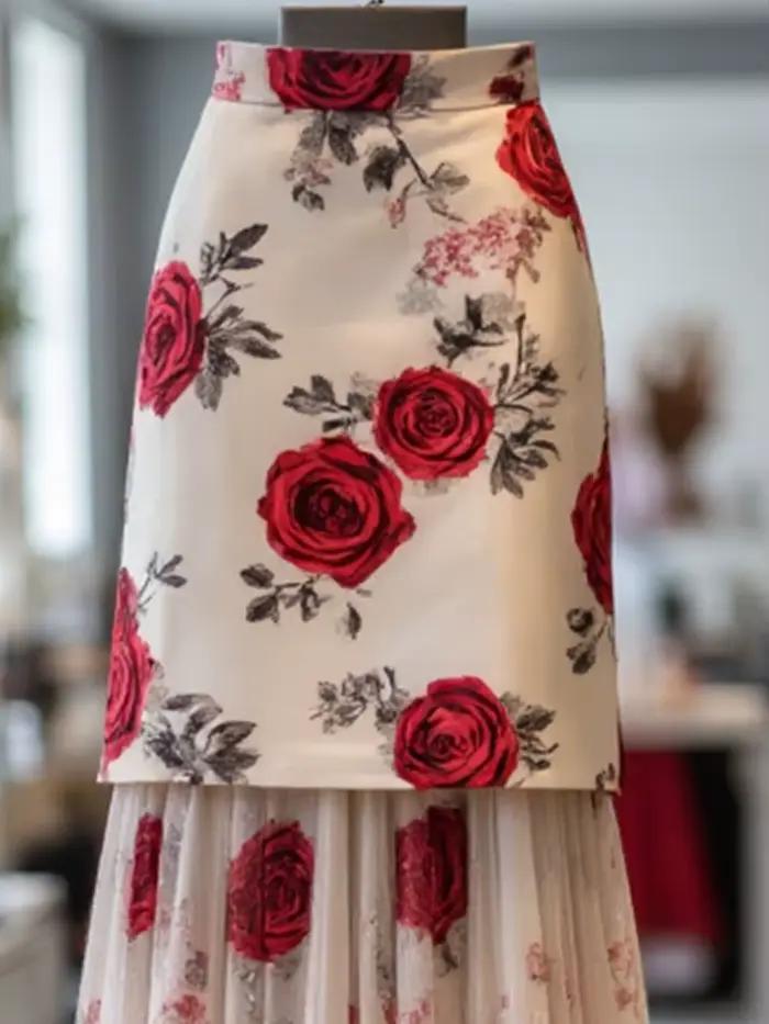 Subculturel élégant Vintage Rose imprimé jupe pour femmes été taille mince jupes moulantes 2026 nouveau maille Patchwork Faldas Mujer