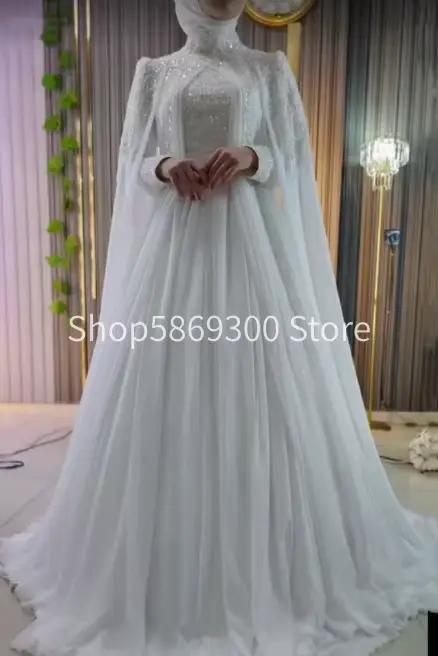 Robe de mariée musulmane à manches longues, élégante, col haut, en mousseline de soie perlée, coupe trapèze, pour femmes arabes, personnalisable