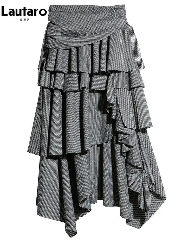 Jupe longue asymétrique à volants rayée grise Lautaro Printemps Automne pour femme – Élégante