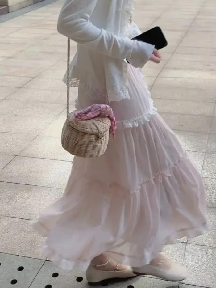 Jupes douces femmes nœud papillon dentelle Patchwork Stretch taille haute printemps 2025 mode élégante jupe longue femme décontracté